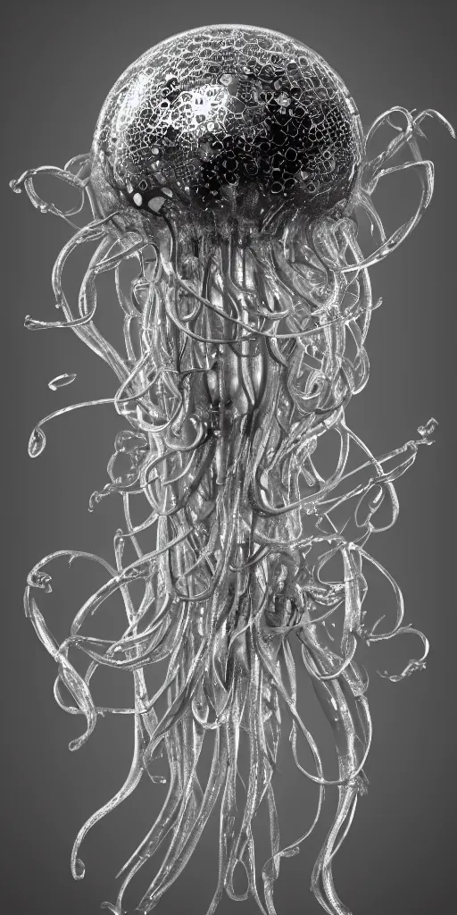 Image similar to a photorealistic render of a metallic neotribal jellyfish, greyscale, made of melted plastic and marble, c 4 d, by zhelong xu and ernst haeckel, wide angle, hyper realistic, plain black background, 8 k, volumetric lightning, octane render