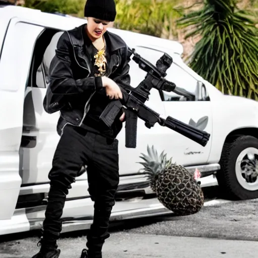 Prompt: justin bieber with a gun next to a pineapple