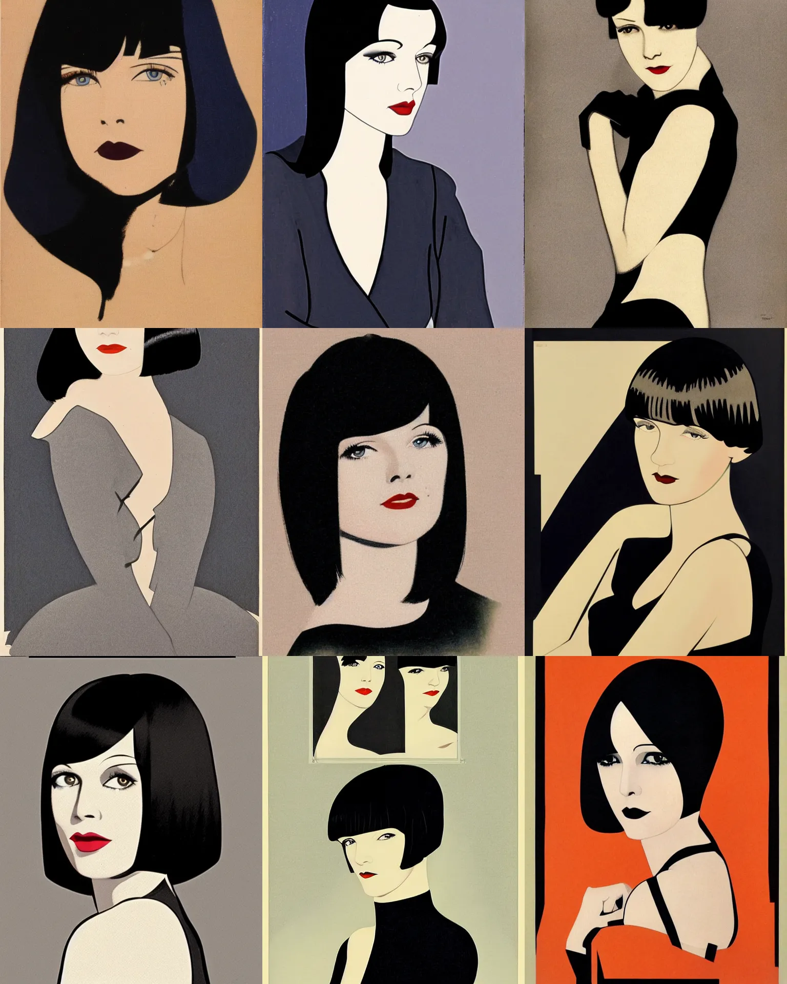 Prompt: Mary Louise Brooks 25 years old, bob haircut, side on portrait by Patrick Nagel, 1920s,