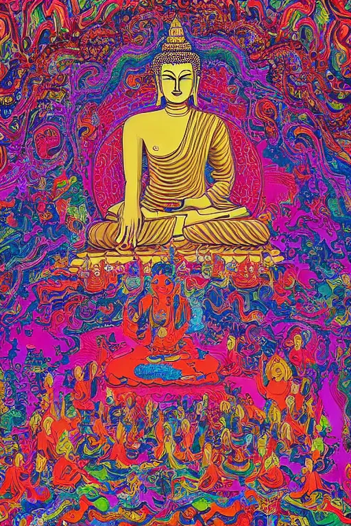 Prompt: a painting of the thousand hands of buddha, psychedelic, vibrant, highly detailed