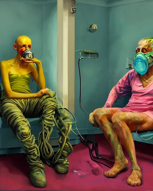 Prompt: Two skinny old people wearing gas masks connected to heart, draped in silky gold, green and pink, inside a surreal hospital room they sit next to a fireplace with blue flames, the world on fire, loss and despair, transhumanism, speculative evolution, in the style of Adrian Ghenie, Esao Andrews, Jenny Saville, (((Edward Hopper))), surrealism, dark art by Mariko Mori