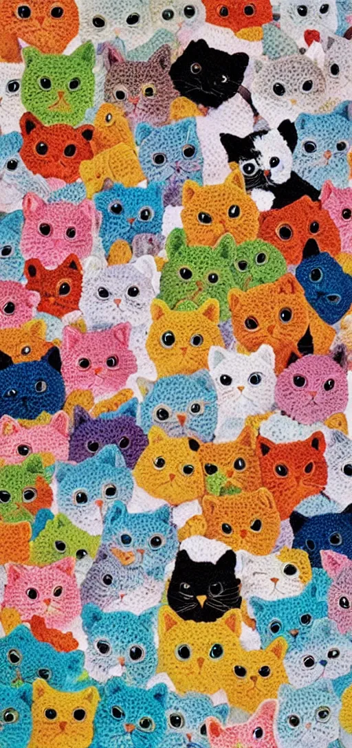 Image similar to cut and paste collage, multicolored crocheted cats, 1 9 9 0 s catalogue photo,