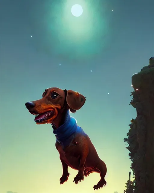 Image similar to highly detailed surreal vfx portrait of a nowpunk dachshund, stephen bliss, unreal engine, greg rutkowski, loish, rhads, beeple, makoto shinkai and lois van baarle, ilya kuvshinov, rossdraws, tom bagshaw, alphonse mucha, global illumination, detailed and intricate environment