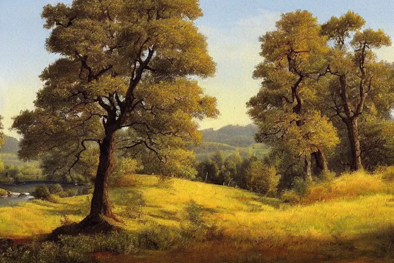 Image similar to masterpiece painting of oak trees on a hillside overlooking a creek, by gunnar widforss