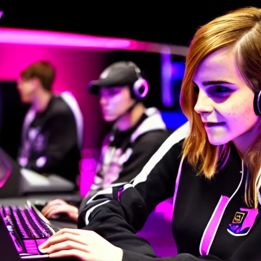 Prompt: a medium shot of Emma Watson playing video games on a computer at an esports competition, pink headphones, determined facial expression, flash photography, backlit