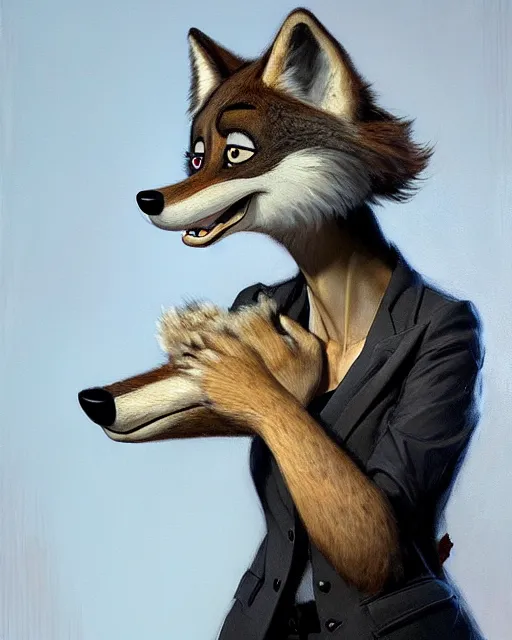 Image similar to oil painting of anthromorphic female wolf, in style of zootopia, female fursona, furry, furaffinity, 4 k, deviantart, furry art, fursona art, wearing black business suit, business suit, wolf fursona, female, very expressive detailed feminine face, by gaston bussiere, craig mullins, j. c. leyendecker