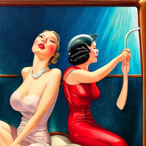 Prompt: 3 d fisheye, painting showing olivia munn and woman journalist alex wagner grinding on each other in the back seat of a 1 9 3 0 s car with the windows fogged up, shiny, aerodynamic, dramatic lighting, sultry, sensual, loish, vargas, wlop, manara, mucha, moebius, elvgren, artgerm