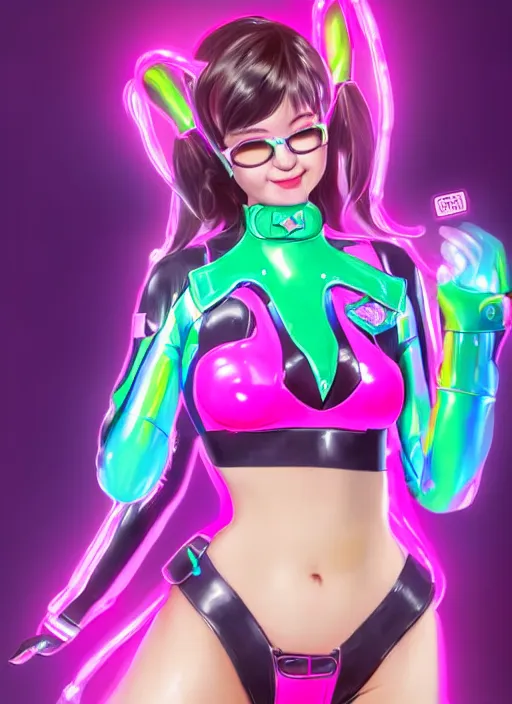 Image similar to full body digital artwork of dva overwatch, wearing iridescent rainbow latex bikini, 4 k, expressive happy smug expression, makeup, in style of mark arian, wearing detailed pink leather collar, wearing chains, detailed face and eyes,