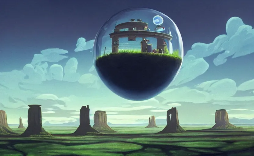 Prompt: hyperrealist painting of a stone spaceship inside a giant transparent bubble from howl's moving castle ( 2 0 0 4 ) in a flooded monument valley stonehenge jungle. 1 9 7 0 s science fiction, moody, misty, depth perception, 4 k, artstation, in the style of studio ghibli