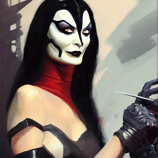 Image similar to greg manchess portrait painting of armored morticia from addams family as overwatch character, medium shot, asymmetrical, profile picture, organic painting, sunny day, matte painting, bold shapes, hard edges, street art, trending on artstation, by huang guangjian and gil elvgren and greg rutkowski