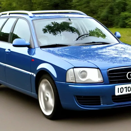 Prompt: denim blue audi a 4 b 6 avant ( 2 0 0 2 ) mowing down a crowd