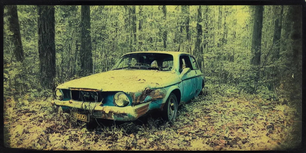 Prompt: analog polaroid of abandoned car in a forest, wide shot, vintage colors, color bleed, gritty