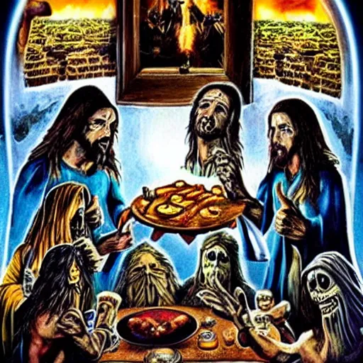 Image similar to the lord's supper, jesus accompanied by undead in iron maiden album cover style