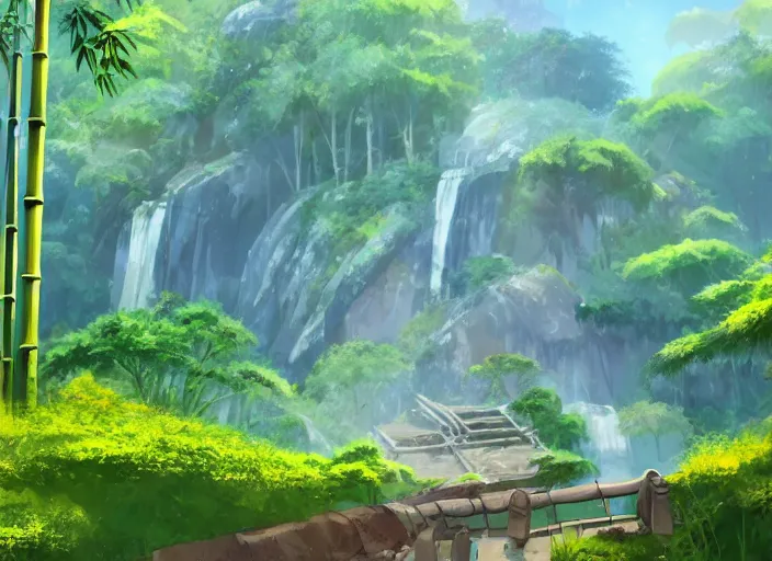 Prompt: deep in a japanese bamboo forest with waterfall on a hilly side, ancient ruined temple in distance, sunny, cartoony, anime style, mid day, realistic lighting, by ghibli studio, arcane, wild rift, trending on artstation, 4 k, hd