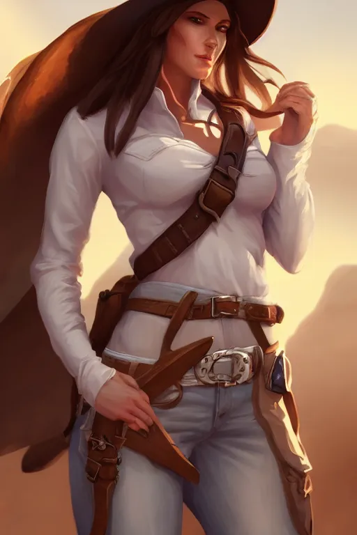 Image similar to full body, female cowgirl, perfect face, white blouse, holster, 8 k, magic the gathering, desert, d & d, artstation, high detail, smooth, muscular