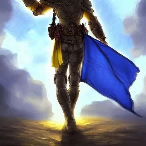 Image similar to a full body shot from distance of a great soldier with a yellow and blue flag standing in the beam of light from the clouds in a triumph after battle, western, masculine figure, D&D, fantasy, intricate, elegant, highly detailed, digital painting, artstation, concept art, matte, sharp focus, symmetrical, illustration, art by Artgerm and Greg Rutkowski and Alphonse Mucha