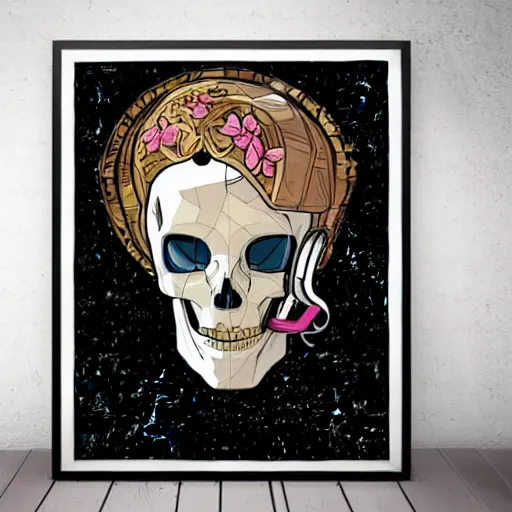 Prompt: astronaut portrait skull female skeleton space in the style of James Roper and Alphonse Mucha illustration art