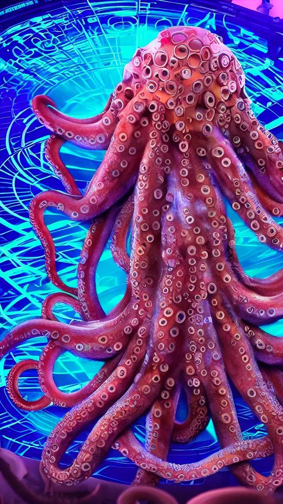 Prompt: award winning closeup portrait of an octopus! as a dj with tentacles! simultaneously placed turntables cdjs and knobs of a pioneer dj mixer. in front of a large crowd, studio, medium format, concept art, 8 k detail, volumetric lighting, wide angle, at an outdoor psytrance festival main stage at night