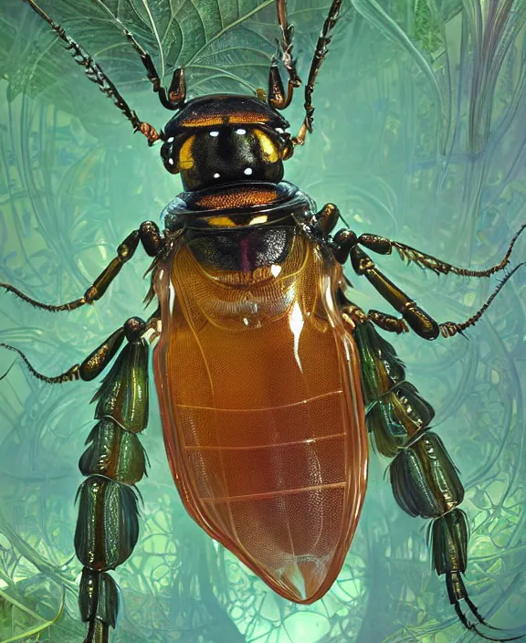 Image similar to intricate ornate opulent transparent clear see - through portrait of a playful beautiful alien beetle, fractal, adorable, childlike, overgrown biopunk jungle environment, ultra realistic, concept art, art nouveau, photorealistic, octane render, 8 k, unreal engine. art by christopher marley and artgerm and greg rutkowski and alphonse mucha