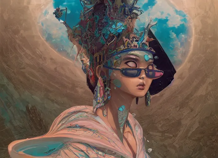 Image similar to lee jin - eun in luxurious dress emerging from turquoise water in egyptian pyramid city during an eclipse by peter mohrbacher, conrad roset, m. k. kaluta, martine johanna, rule of thirds, elegant look, beautiful, chic, face anatomy, cute complexion