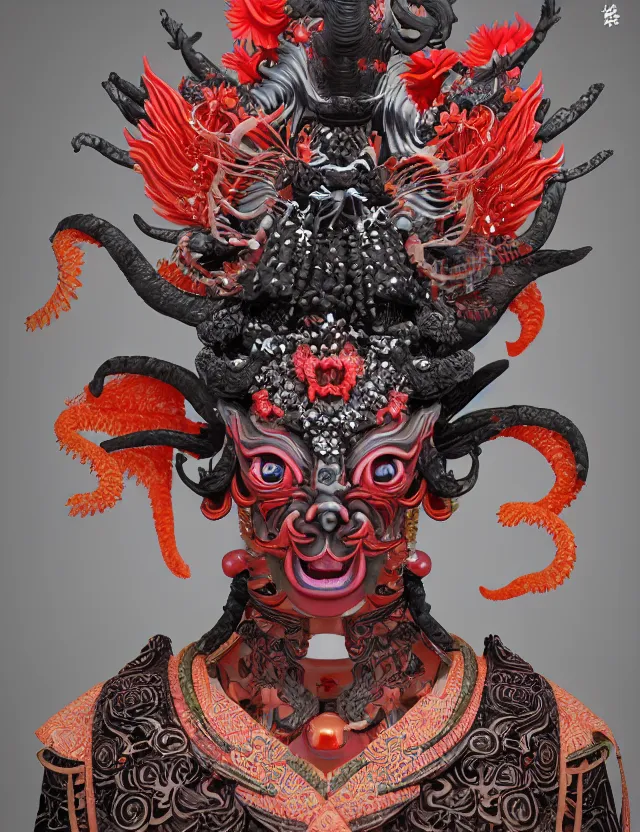 Image similar to 3 d goddess close - up profile satan biohazard portrait with crown, ram skull. beautiful intricately detailed japanese crow kitsune mask and clasical japanese kimono. betta fish, jellyfish phoenix, bio luminescent, plasma, ice, water, wind, creature, artwork by tooth wu and wlop and beeple and greg rutkowski