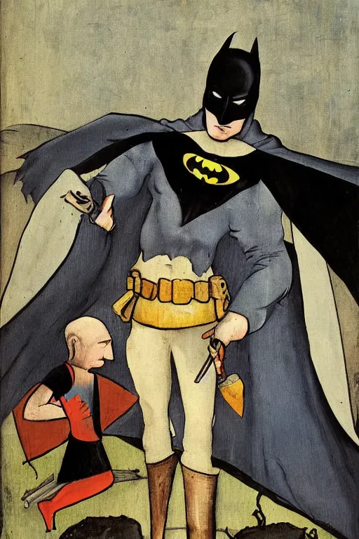 Prompt: Batman painted by Hieronymous Bosch