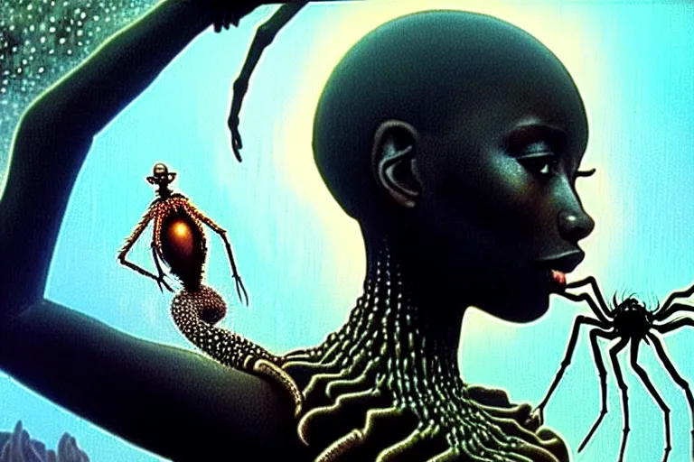 Image similar to realistic detailed closeup portrait movie shot of a beautiful black woman dancing with a giant spider, futuristic sci fi landscape background by denis villeneuve, jean deville, amano, yves tanguy, ernst haeckel, alphonse mucha, max ernst, caravaggio, roger dean, sci - fi necklace, fashion, masterpiece, rich moody colours