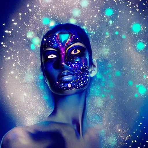 Prompt: portrait of a beautiful futuristic woman layered with high-tech jewelry wrapping around her face and head, blue eyes, golden-silver glow of moonlight with tiny blue, gold, and red gems scattered like dust, mist, fog
