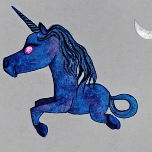 Image similar to A lonely dark-blue unicorn with wings sits on the moon's surface, sitting in the moon dust crying