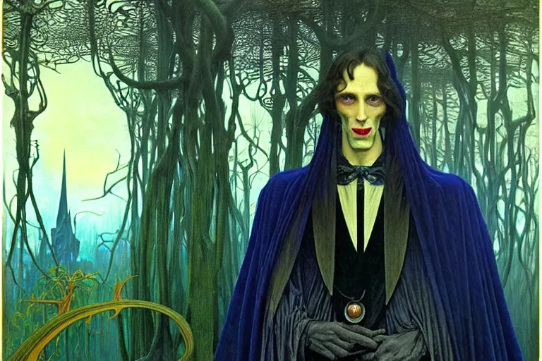 Prompt: realistic extremely detailed portrait painting of an elegantly creepy vampire man in a cape, futuristic sci-fi castle and forest on background by Jean Delville, Amano, Yves Tanguy, Alphonse Mucha, Ernst Haeckel, Edward Robert Hughes, Roger Dean, rich moody colours, blue eyes