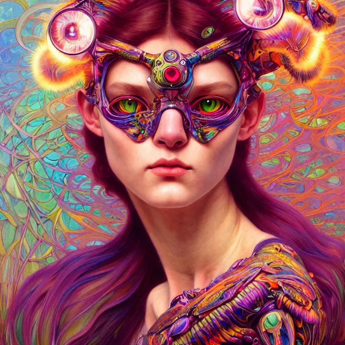 Image similar to bright psychedelic portrait of organic cat cyborg, wings, diffuse lighting, fantasy, intricate, elegant, highly detailed, lifelike, photorealistic, digital painting, artstation, illustration, concept art, smooth, sharp focus, art by John Collier and Albert Aublet and Krenz Cushart and Artem Demura and Alphonse Mucha