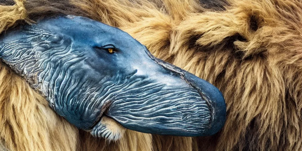 Prompt: close up of a lion hybrid with whale, spirited away