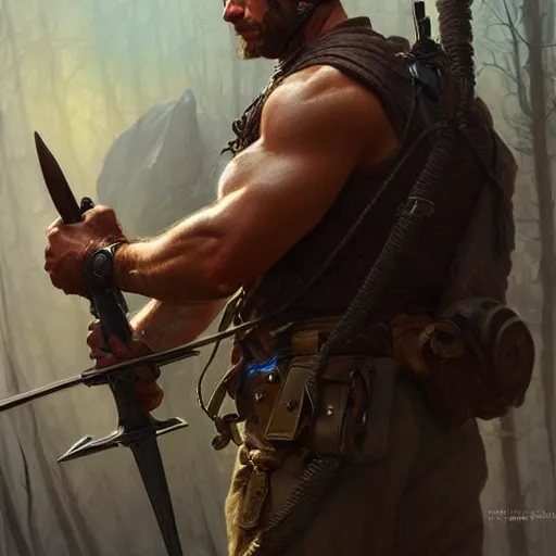 Prompt: Rugged ranger tending to his wounds, masculine, male, D&D, muscular, fantasy, intricate, elegant, highly detailed, digital painting, artstation, concept art, smooth, sharp focus, illustration, art by artgerm and greg rutkowski and alphonse mucha