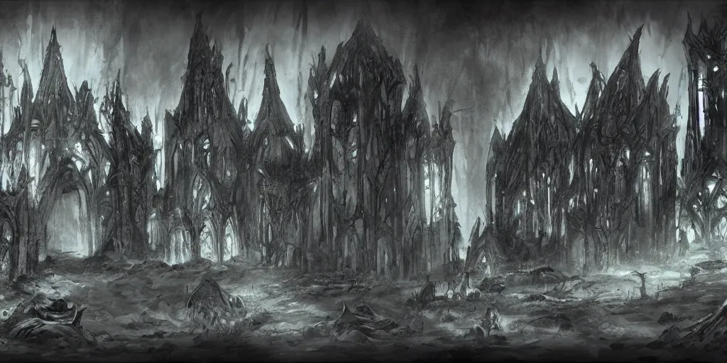 Image similar to one black gothic citadel in an underdark cavern, concept art