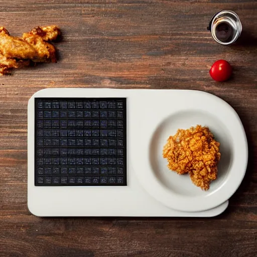 Image similar to chicken fried on a computer cpu chip plate rectangular processor, food, photograph, poster, orthographic
