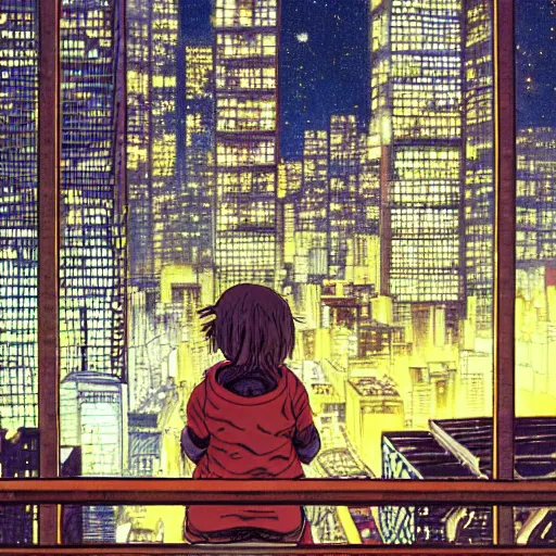 Image similar to Girl leaning on a wooden fence looking down at a city during the night, anime, by Katsuhiro Otomo, highly detailed, city, nighttime