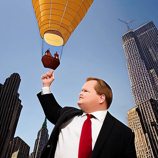 Image similar to Andy Richter wearing a brown suit and necktie floating in a hot air balloon about nyc