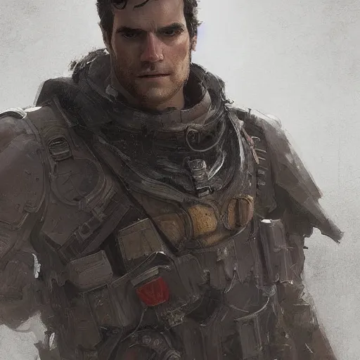 Image similar to portrait of a man by greg rutkowski, he looks like henry cavill, he is wearing a dieselpunk tactical armor gear, highly detailed portrait, digital painting, artstation, concept art, smooth, sharp foccus ilustration, artstation hq