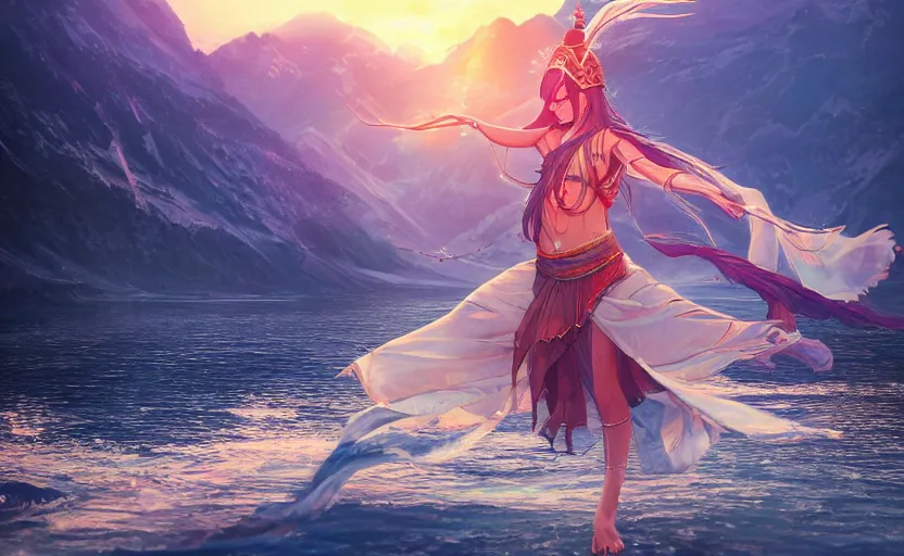 Prompt: Himalayan priestess dancing on water, beautiful flowing fabric, sunset, dramatic angle, 8k hdr pixiv dslr photo by Makoto Shinkai rossdraws and Wojtek Fus