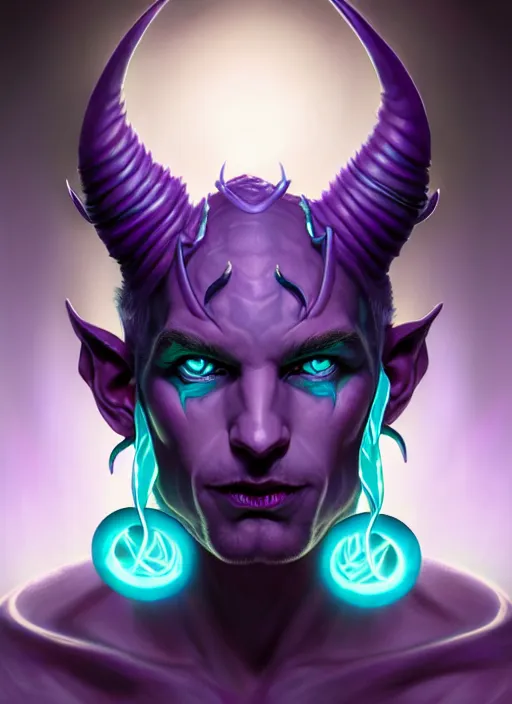 Image similar to symmetry!! portrait of a mischievous trickster male purple and teal skinned tiefling with demon horns and piercings, glowing lights!! intricate, elegant, highly detailed, digital painting, artstation, concept art, smooth, sharp focus, illustration, art by artgerm and greg rutkowski and alphonse mucha