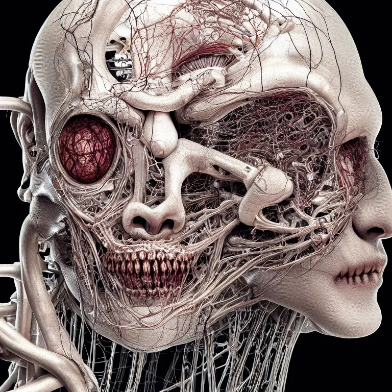 Image similar to portrait of neural nightmares by yoshitaka amano and HR Giger, detailed face face face face, facial structure, hd, 8k, very very very very electronic, biomechanical, biology, bio, neural machine, single subject, terror