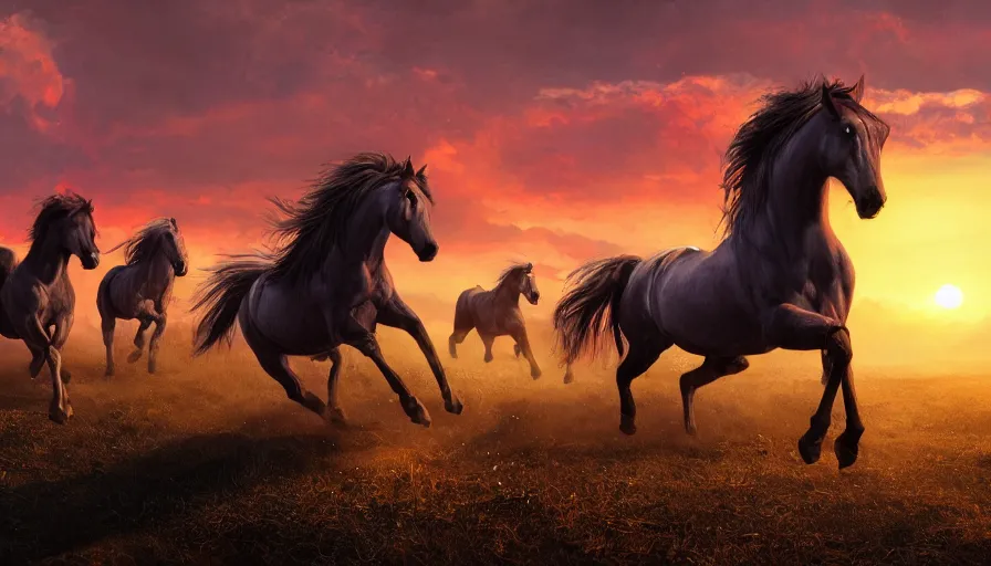 Image similar to horses running on the plain, great sunset behind, hyperdetailed, artstation, cgsociety, 8 k