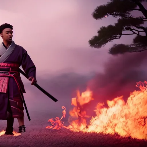 Image similar to cinematic film still of Chance The Rapper starring as a Samurai holding fire, Japanese CGI, VFX, 2022, 40mm lens, shallow depth of field, film photography