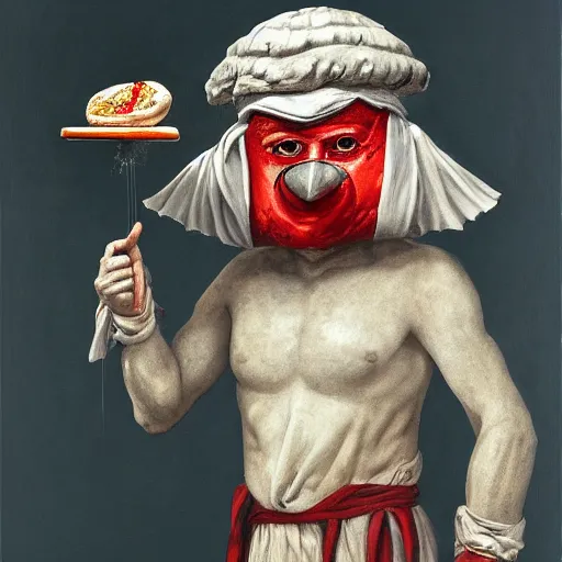 Prompt: a highly detailed pulcinella with a pizza margherita, black eye mask, full body, detailed painting by arturo faldi, volcano and lava, trending on deviantart, octane, masterpiece, masqua