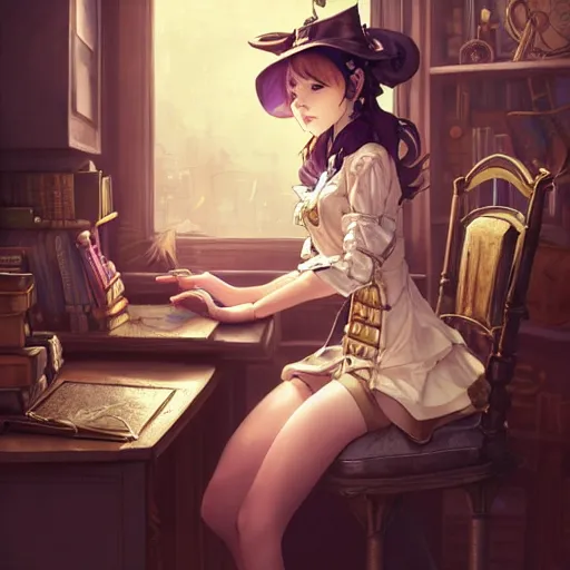 Image similar to a beautiful steampunk detective girl sitting in her office | | cute - fine - face, pretty face, fine details by stanley artgerm lau, wlop, rossdraws, james jean, andrei riabovitchev, marc simonetti, and sakimichan, trending on artstation