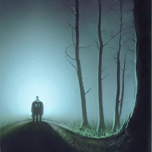 Prompt: stand by me, movie still, river phoenix looking at a ufo, night time forest with a ufo sitting in the fog, scary, matte detailed photo, DeviantArt, Artstation, by donato giancola, ralph horley, loish, ufo lighting