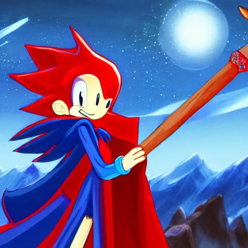 Image similar to red headed woman dressed in dark blue wizard robes holding a wooden staff covered in glowing red runes topped with a glowing gem. background of snowy mountains. fantasy painting. sonic the hedgehog is also there