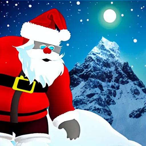 Prompt: a yeti with santas hat, night, snowy mountain