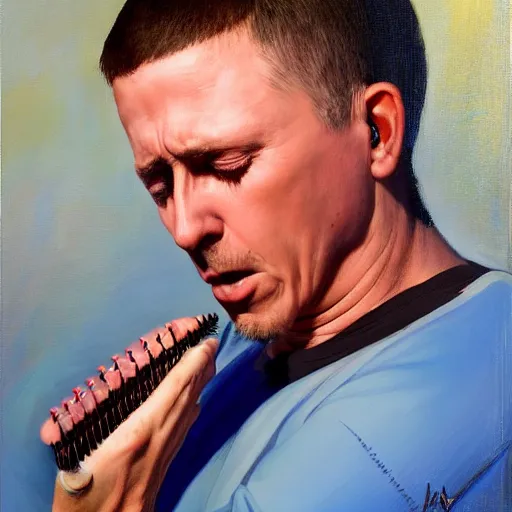 Image similar to stunning serene portrait of Maynard James Keenan singing into a hairbrush, by Mark Arian, oil on canvas, masterpiece, realism, piercing gaze, mercurial bokeh