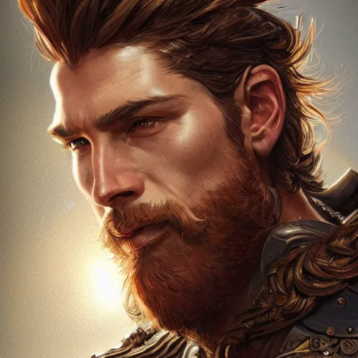 Image similar to portrait of a ruggedly handsome paladin, soft hair, muscular, half body, leather, hairy, d & d, fantasy, intricate, elegant, highly detailed, digital painting, artstation, concept art, smooth, sharp focus, illustration, art by artgerm and greg rutkowski and alphonse mucha